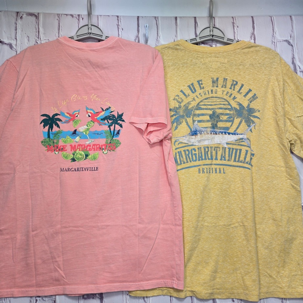 Lot of 2 Margaritaville‎ Mens Graphic T-Shirts Large Pink Yellow Cotton Fishing